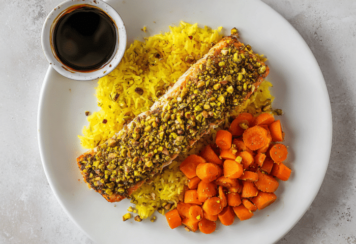 Balsamic Pistachio Salmon over Saffron Rice