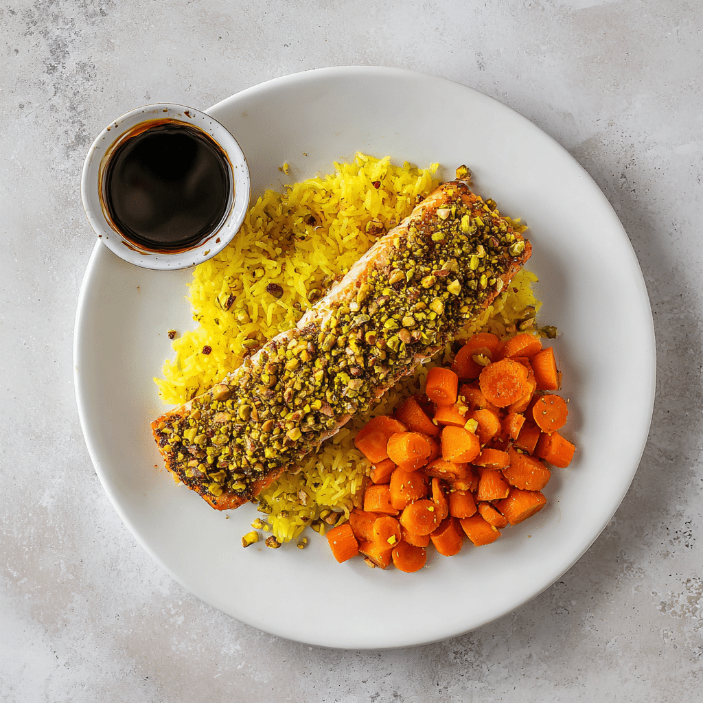 Balsamic Pistachio Salmon over Saffron Rice
