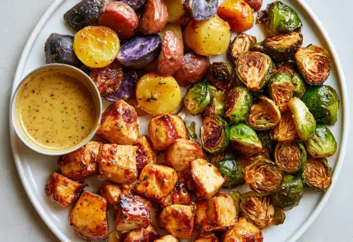 Honey Dijon Mustard Chicken with Potato Medley and Brussel Sprouts