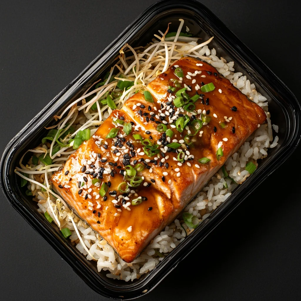 Miso Salmon over Coconut Rice and Bean Sprouts